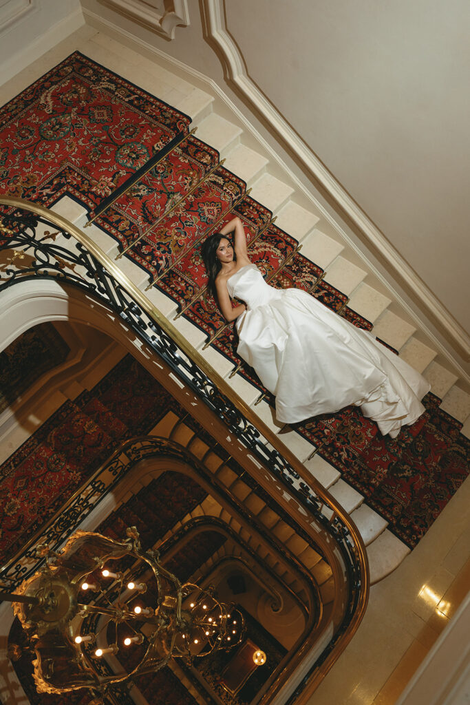 Bride in couture wedding gown in a historic Ritz Paris suite